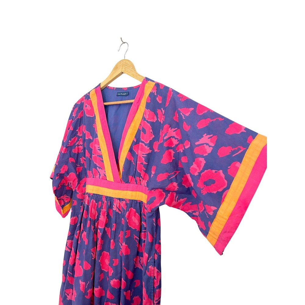 La Plage Leopard Surf Vintage Kaftan Cotton Midi Dress Pink Purple Orange Small - Picture 6 of 8